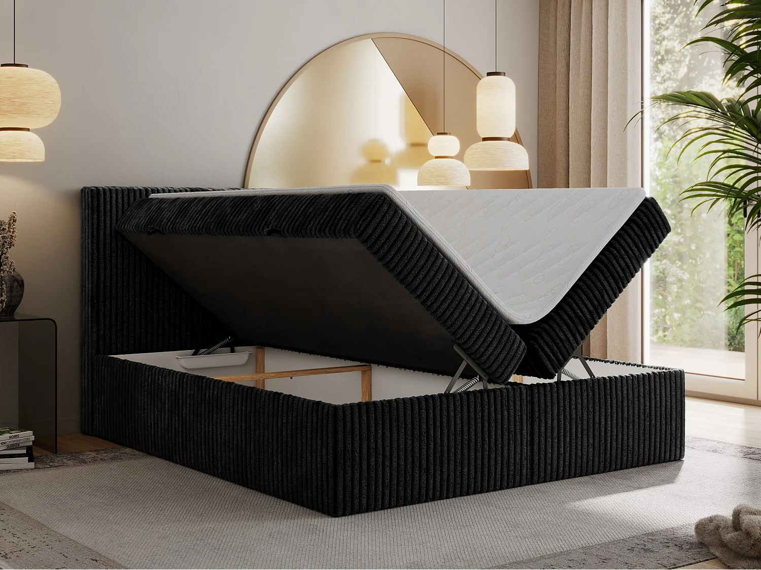 Boxspringbett TILIANO mit Kopfteil und zwei Bettkästen, Cord Bett - 160x200 cm - H4 - Schwarz Cord