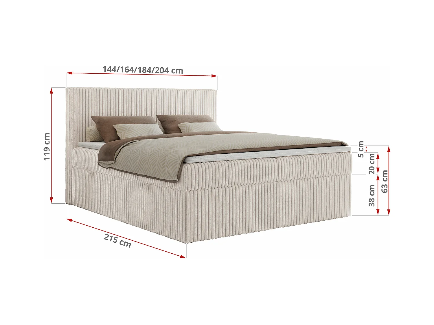 Boxspringbett TILIANO mit Kopfteil und zwei Bettkästen, Cord Bett - 200x200 cm - H4 - Beige Cord