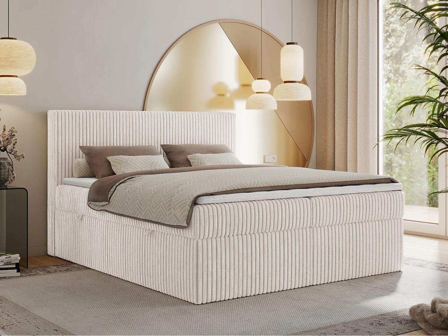 Boxspringbett TILIANO mit Kopfteil und zwei Bettkästen, Cord Bett - 160x200 cm - H4 - Beige Cord