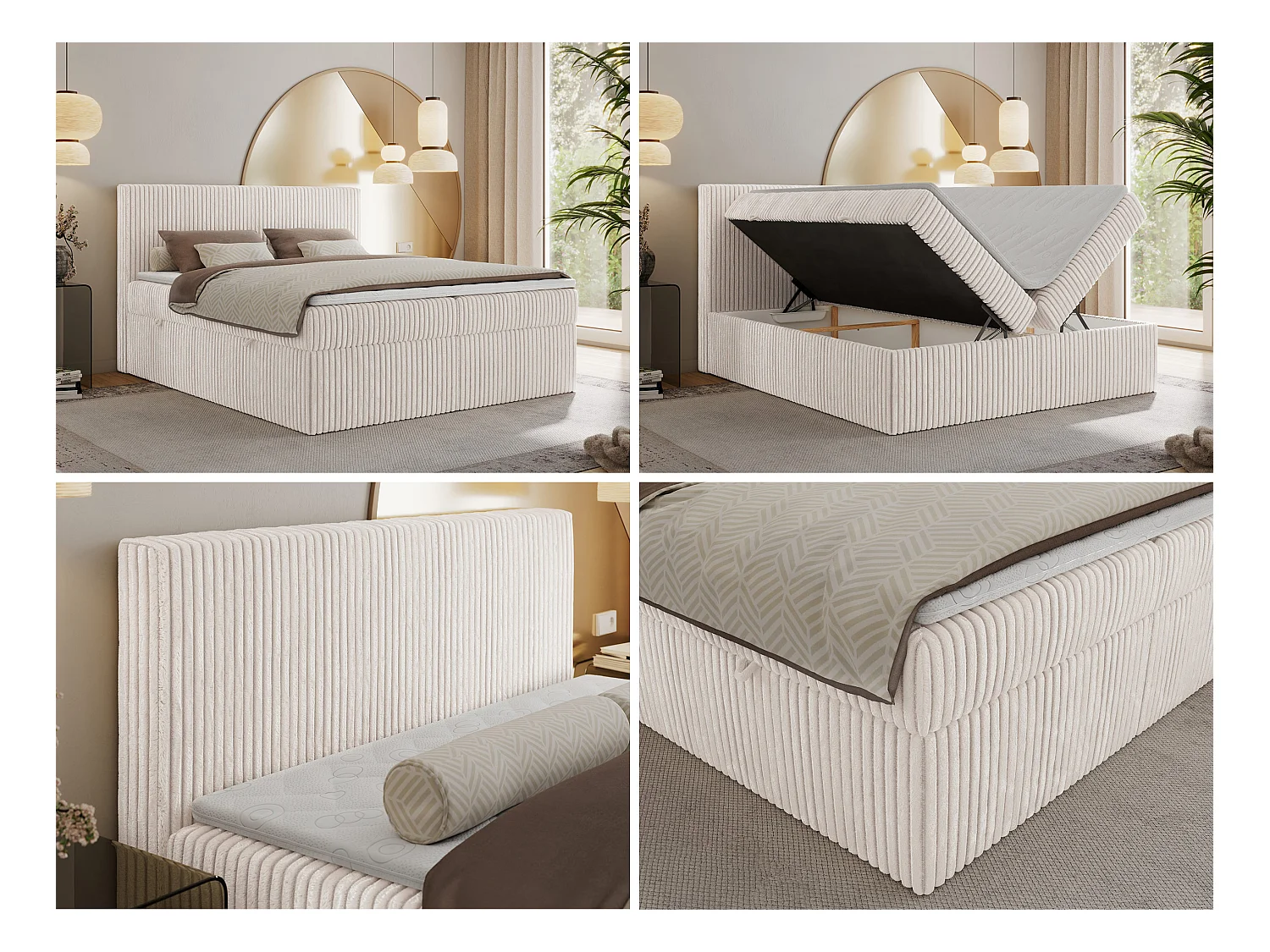Boxspringbett TILIANO mit Kopfteil und zwei Bettkästen, Cord Bett - 180x200 cm - H3 - Beige Cord