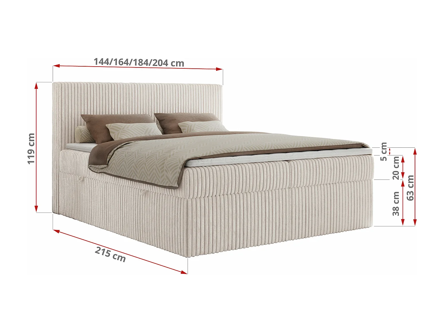 Boxspringbett TILIANO mit Kopfteil und zwei Bettkästen, Cord Bett - 180x200 cm - H3 - Beige Cord