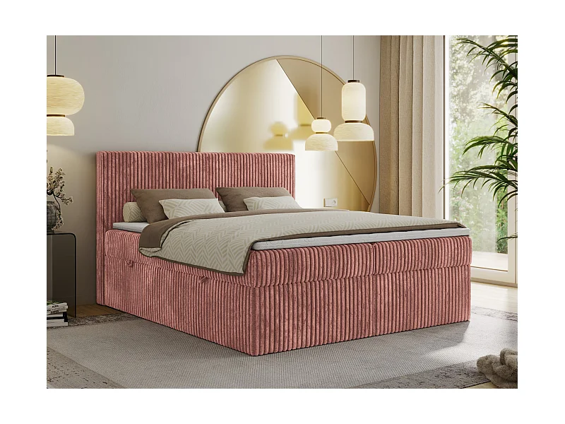 Boxspringbett TILIANO mit Kopfteil und zwei Bettkästen, Cord Bett - 140x200 cm - H3 - Rosa Cord