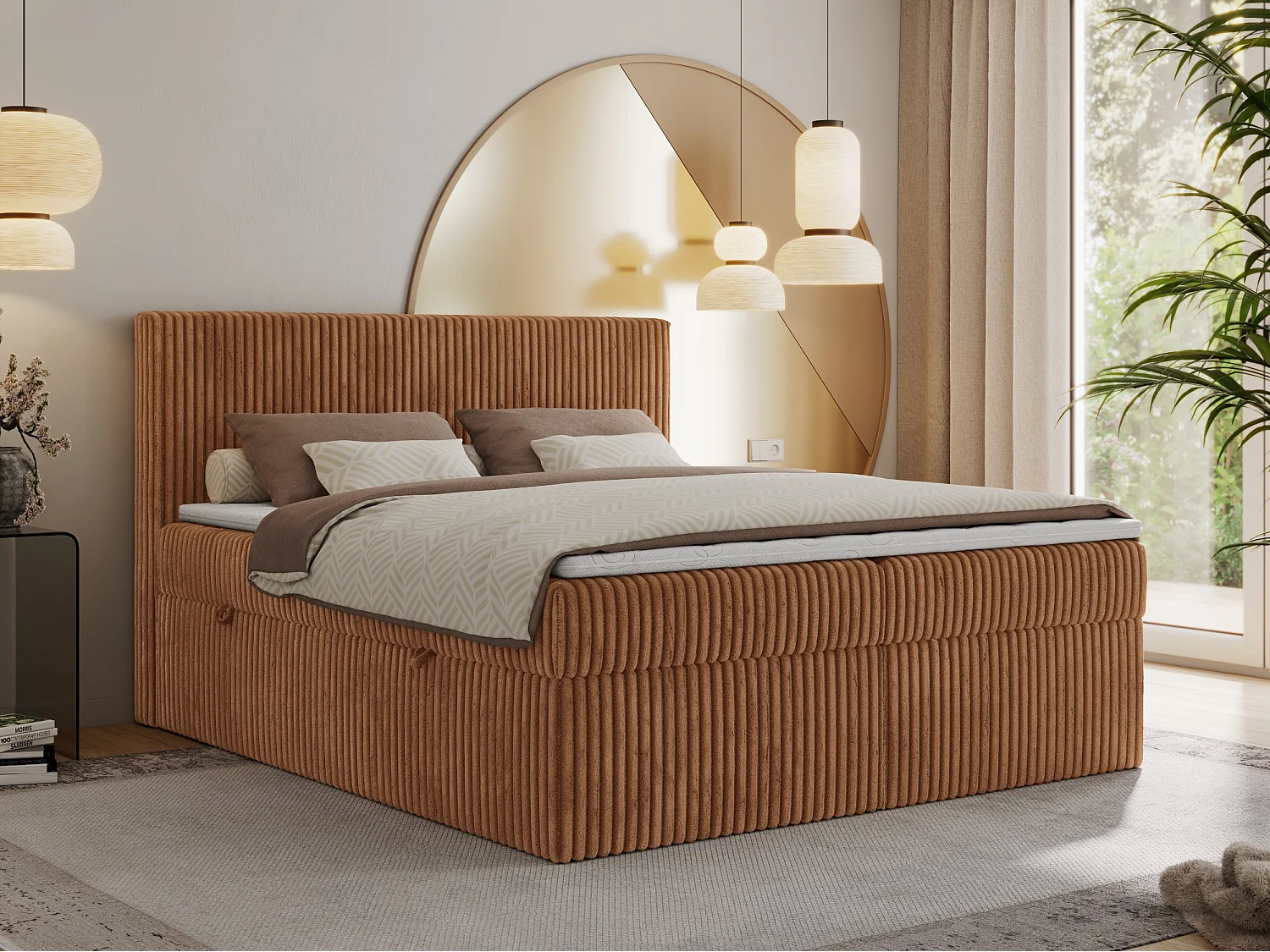 Boxspringbett TILIANO mit Kopfteil und zwei Bettkästen, Cord Bett - 160x200 cm - H4 - Orange Cord