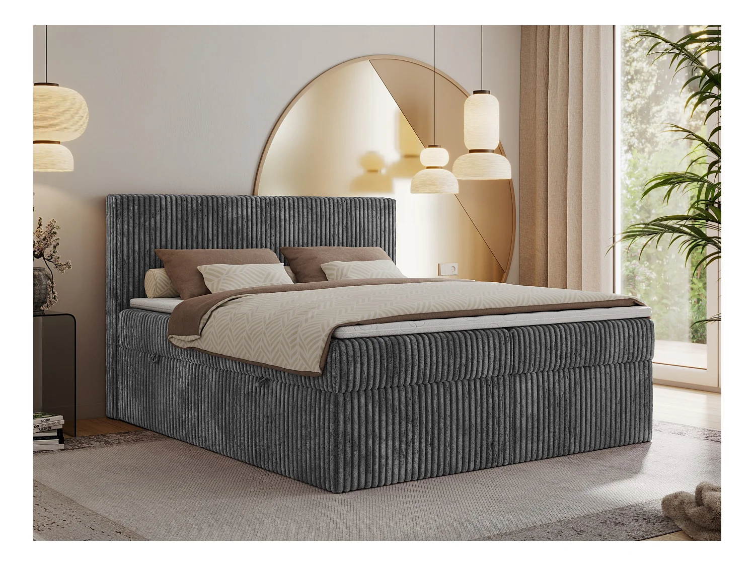 Boxspringbett TILIANO mit Kopfteil und zwei Bettkästen, Cord Bett - 160x200 cm - H4 - Grau Cord