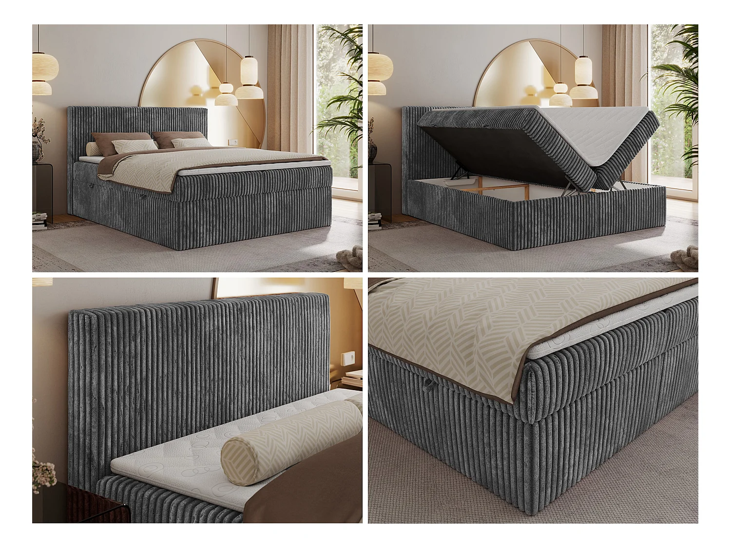 Boxspringbett TILIANO mit Kopfteil und zwei Bettkästen, Cord Bett - 160x200 cm - H4 - Grau Cord