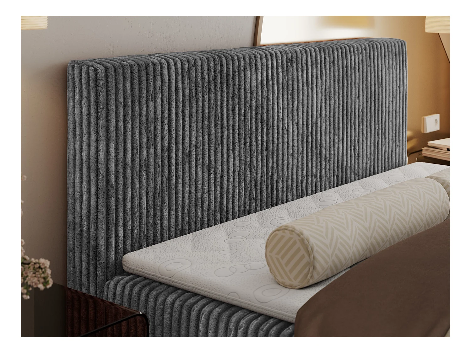 Boxspringbett TILIANO mit Kopfteil und zwei Bettkästen, Cord Bett - 160x200 cm - H4 - Grau Cord