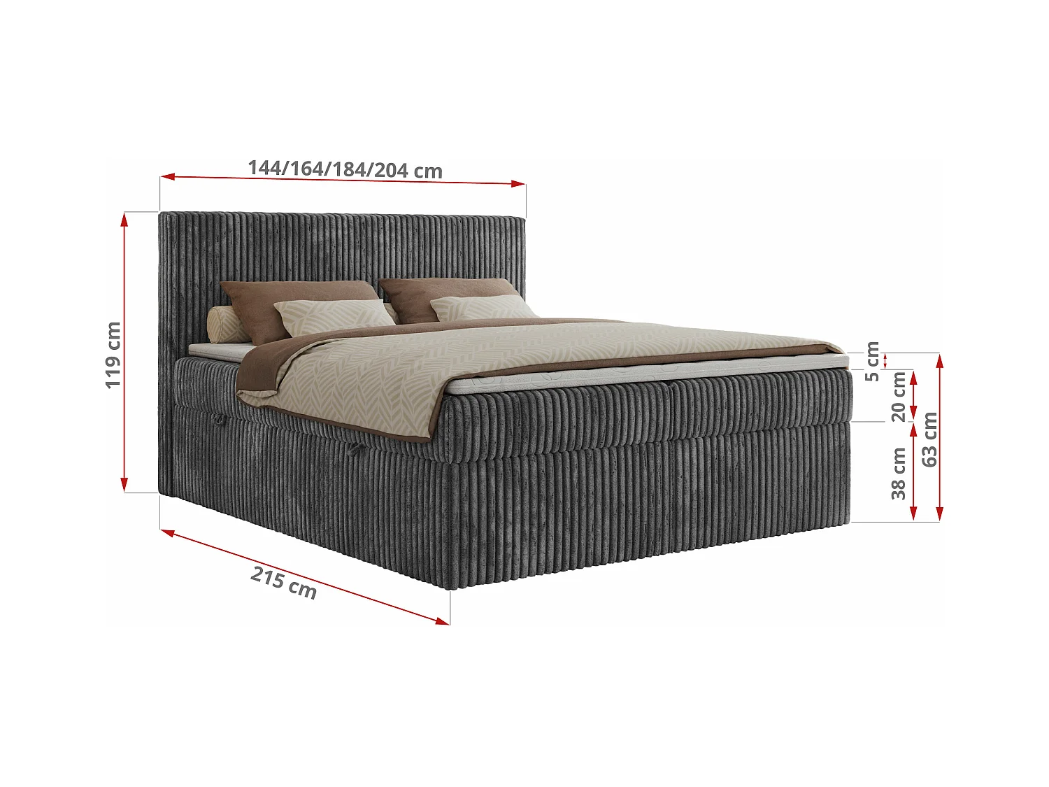 Boxspringbett TILIANO mit Kopfteil und zwei Bettkästen, Cord Bett - 160x200 cm - H4 - Grau Cord