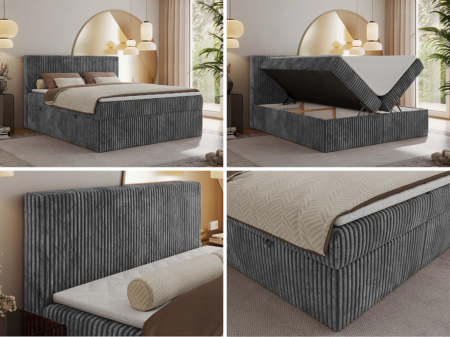 Boxspringbett TILIANO mit Kopfteil und zwei Bettkästen, Cord Bett - 160x200 cm - H4 - Grau Cord