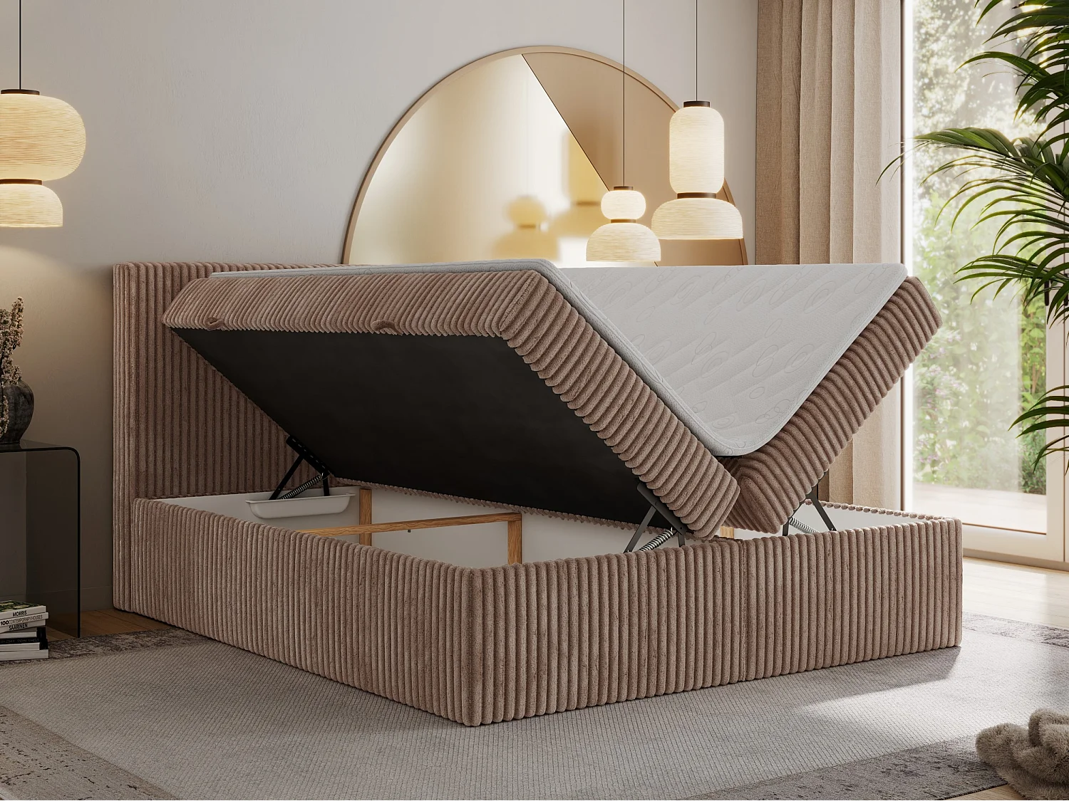 Boxspringbett TILIANO mit Kopfteil und zwei Bettkästen, Cord Bett - 200x200 cm - H3 - Braun Cord