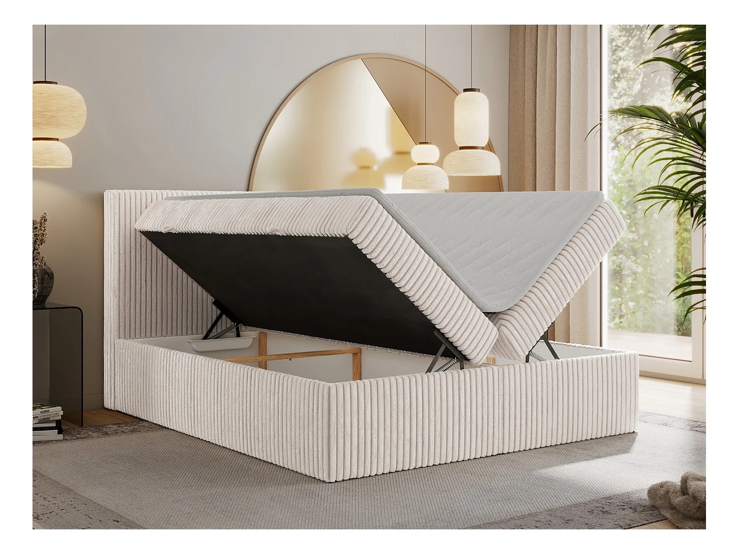 Boxspringbett TILIANO mit Kopfteil und zwei Bettkästen, Cord Bett - 180x200 cm - H4 - Beige Cord