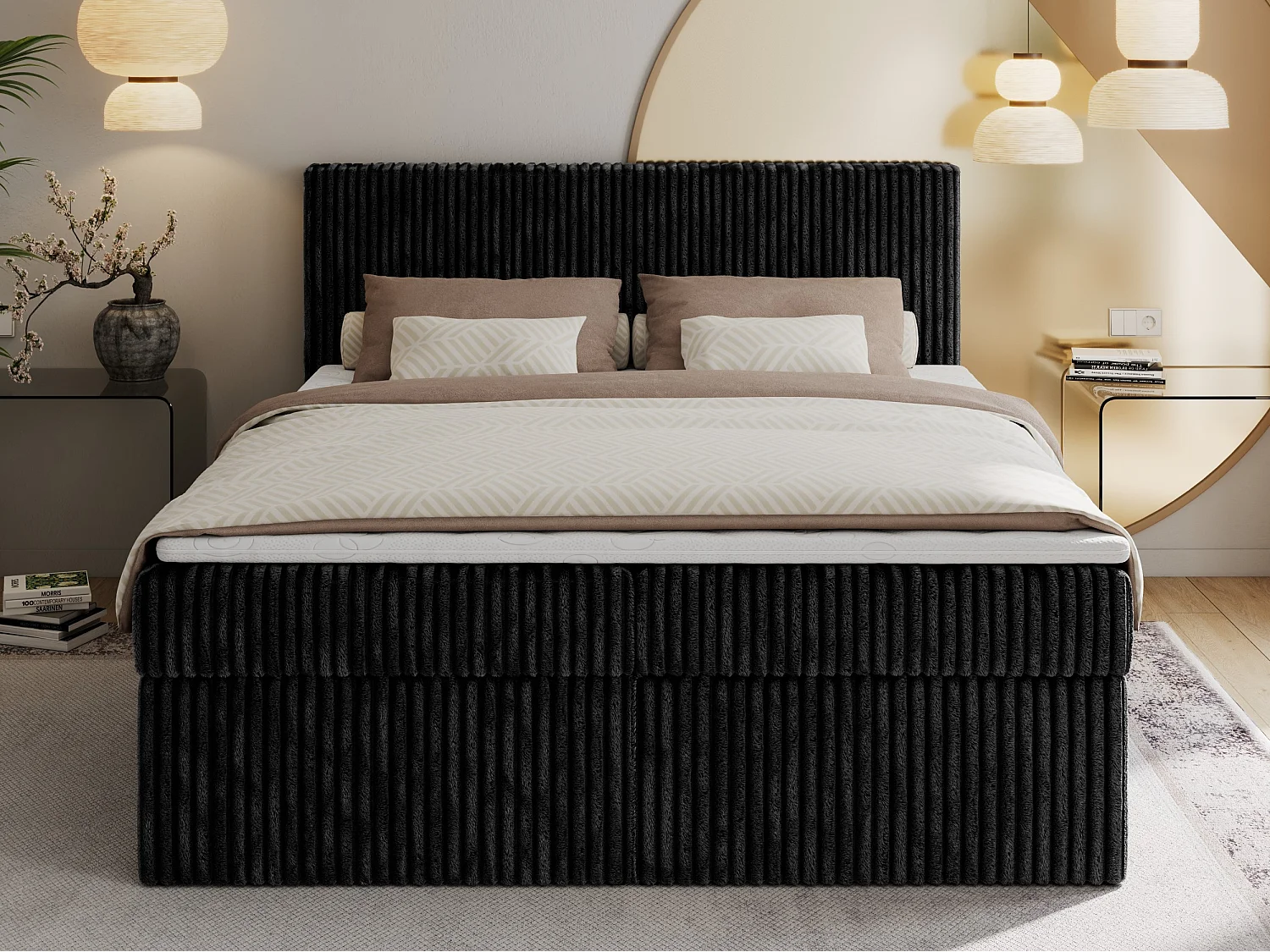 Boxspringbett TILIANO mit Kopfteil und zwei Bettkästen, Cord Bett - 140x200 cm - H4 - Schwarz Cord