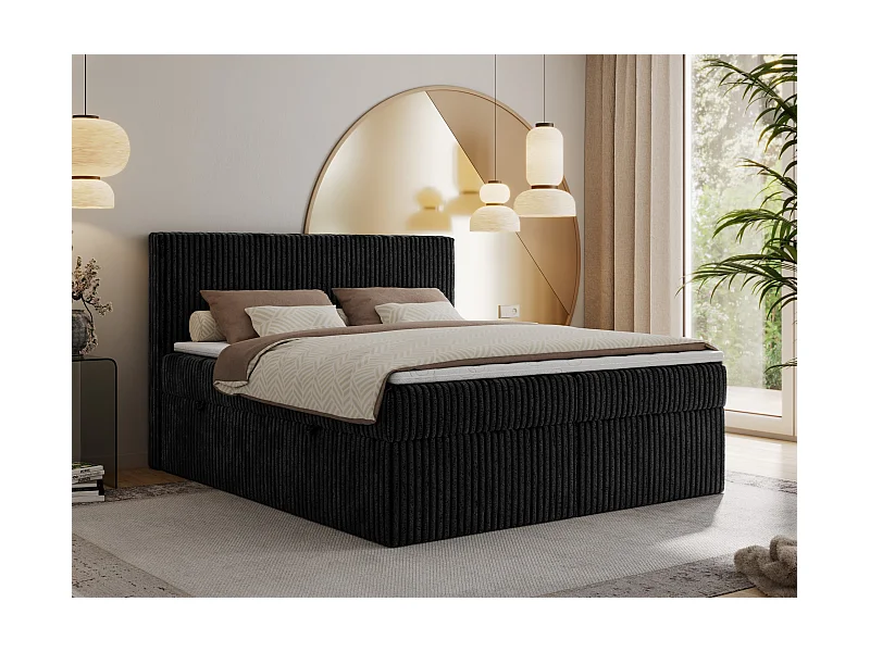 Boxspringbett TILIANO mit Kopfteil und zwei Bettkästen, Cord Bett - 200x200 cm - H4 - Schwarz Cord