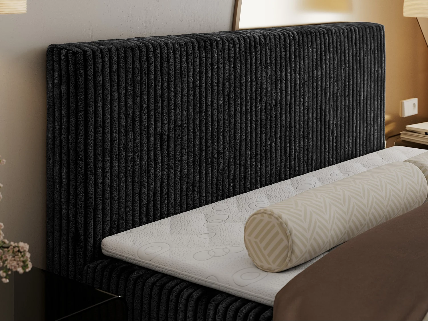 Boxspringbett TILIANO mit Kopfteil und zwei Bettkästen, Cord Bett - 200x200 cm - H4 - Schwarz Cord