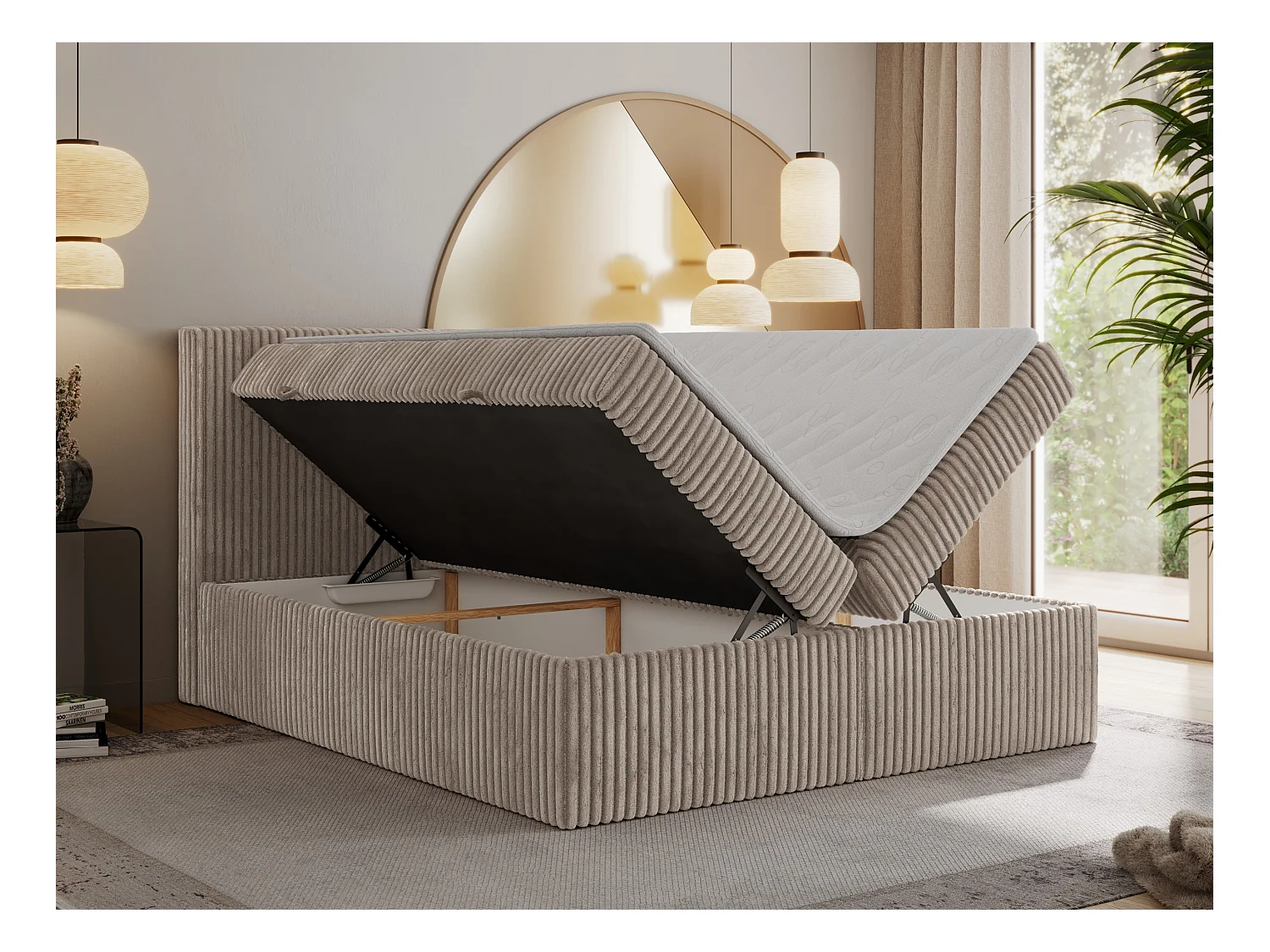 Boxspringbett TILIANO mit Kopfteil und zwei Bettkästen, Cord Bett - 180x200 cm - H3 - Hellbraun Cord