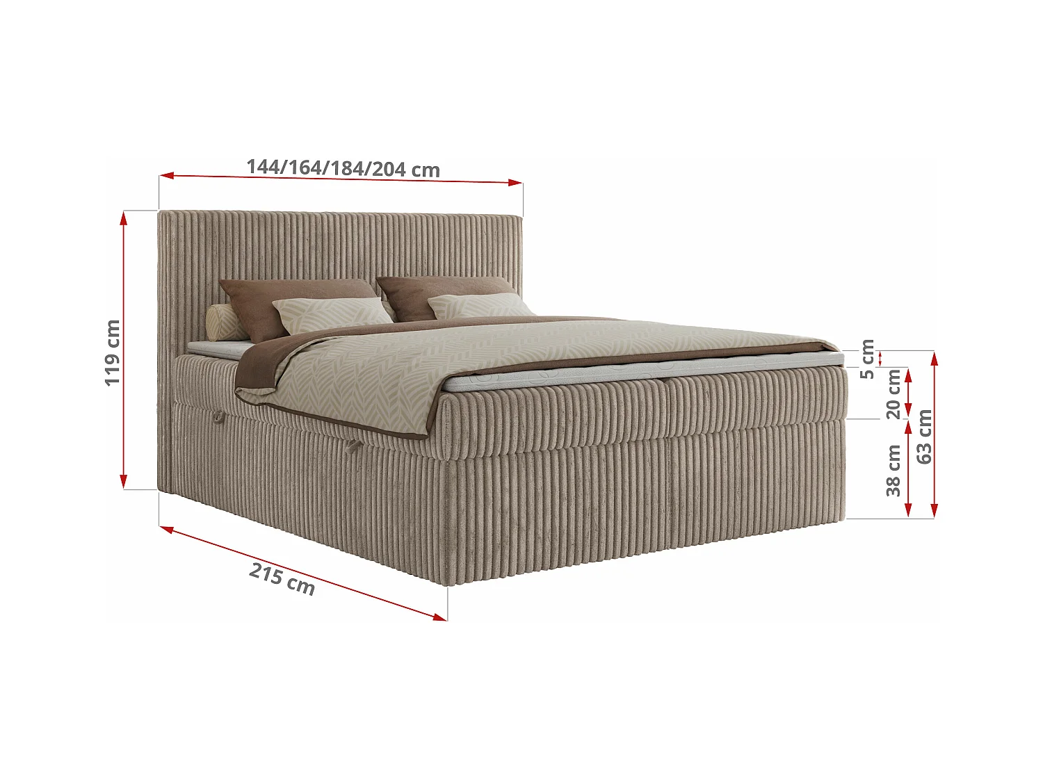 Boxspringbett TILIANO mit Kopfteil und zwei Bettkästen, Cord Bett - 180x200 cm - H3 - Hellbraun Cord