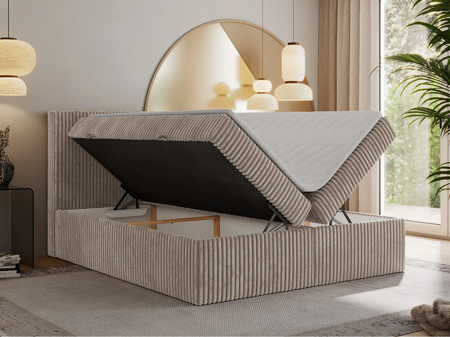 Boxspringbett TILIANO mit Kopfteil und zwei Bettkästen, Cord Bett - 180x200 cm - H3 - Hellbraun Cord