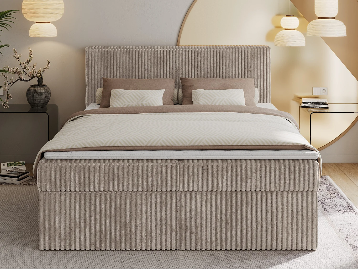 Boxspringbett TILIANO mit Kopfteil und zwei Bettkästen, Cord Bett - 180x200 cm - H3 - Hellbraun Cord