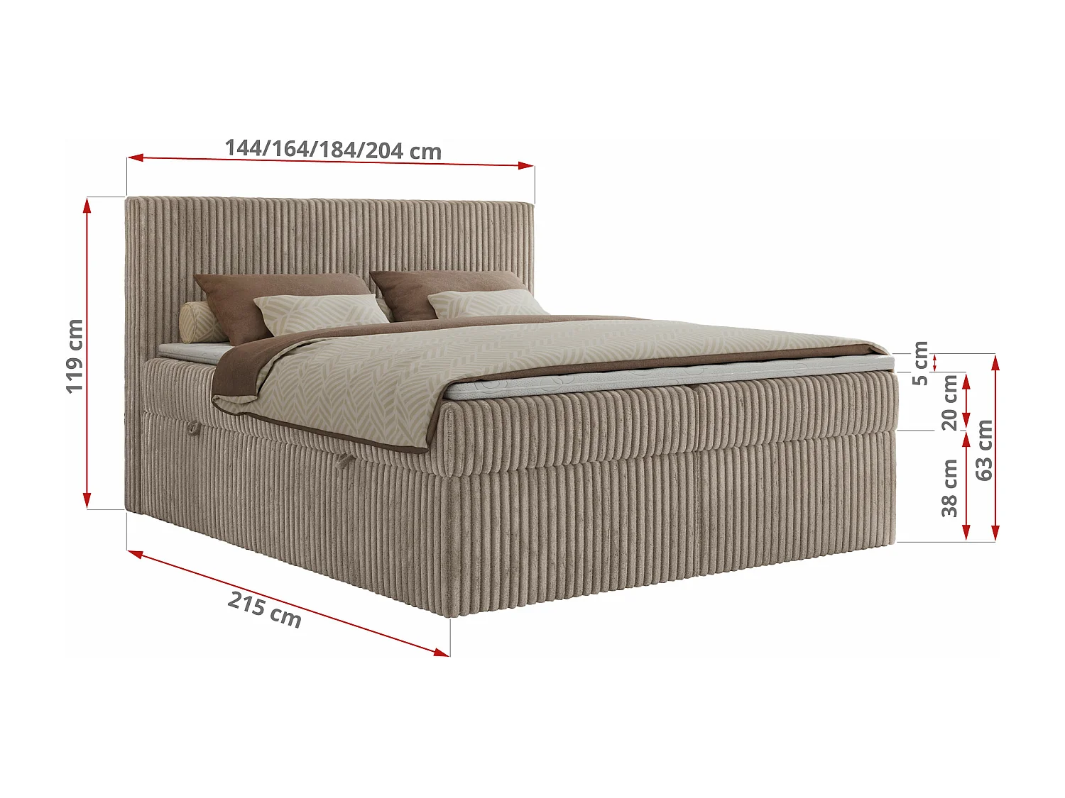 Boxspringbett TILIANO mit Kopfteil und zwei Bettkästen, Cord Bett - 180x200 cm - H3 - Hellbraun Cord