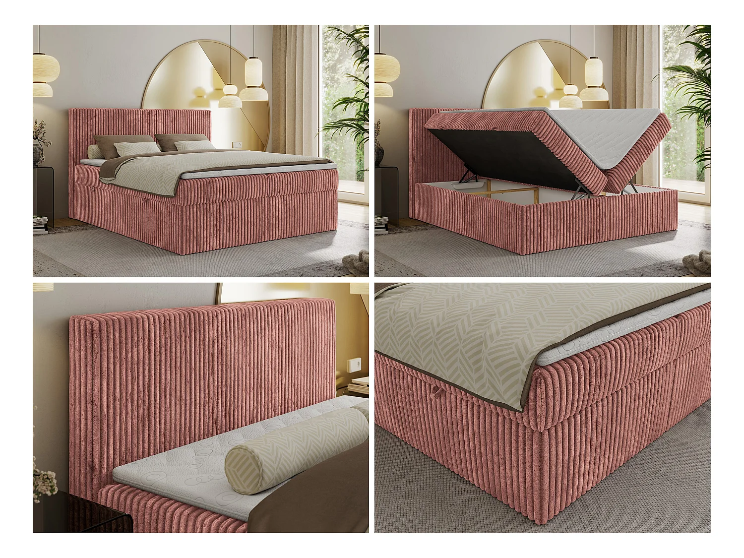Boxspringbett TILIANO mit Kopfteil und zwei Bettkästen, Cord Bett - 160x200 cm - H3 - Rosa Cord