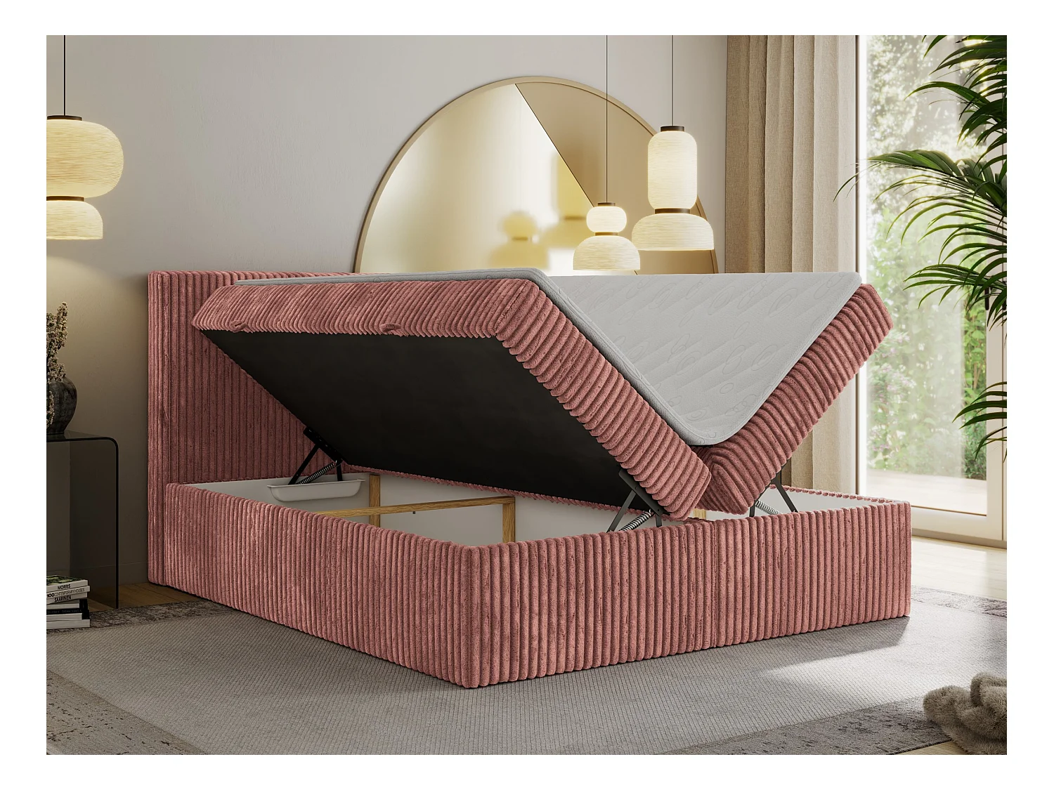 Boxspringbett TILIANO mit Kopfteil und zwei Bettkästen, Cord Bett - 160x200 cm - H3 - Rosa Cord