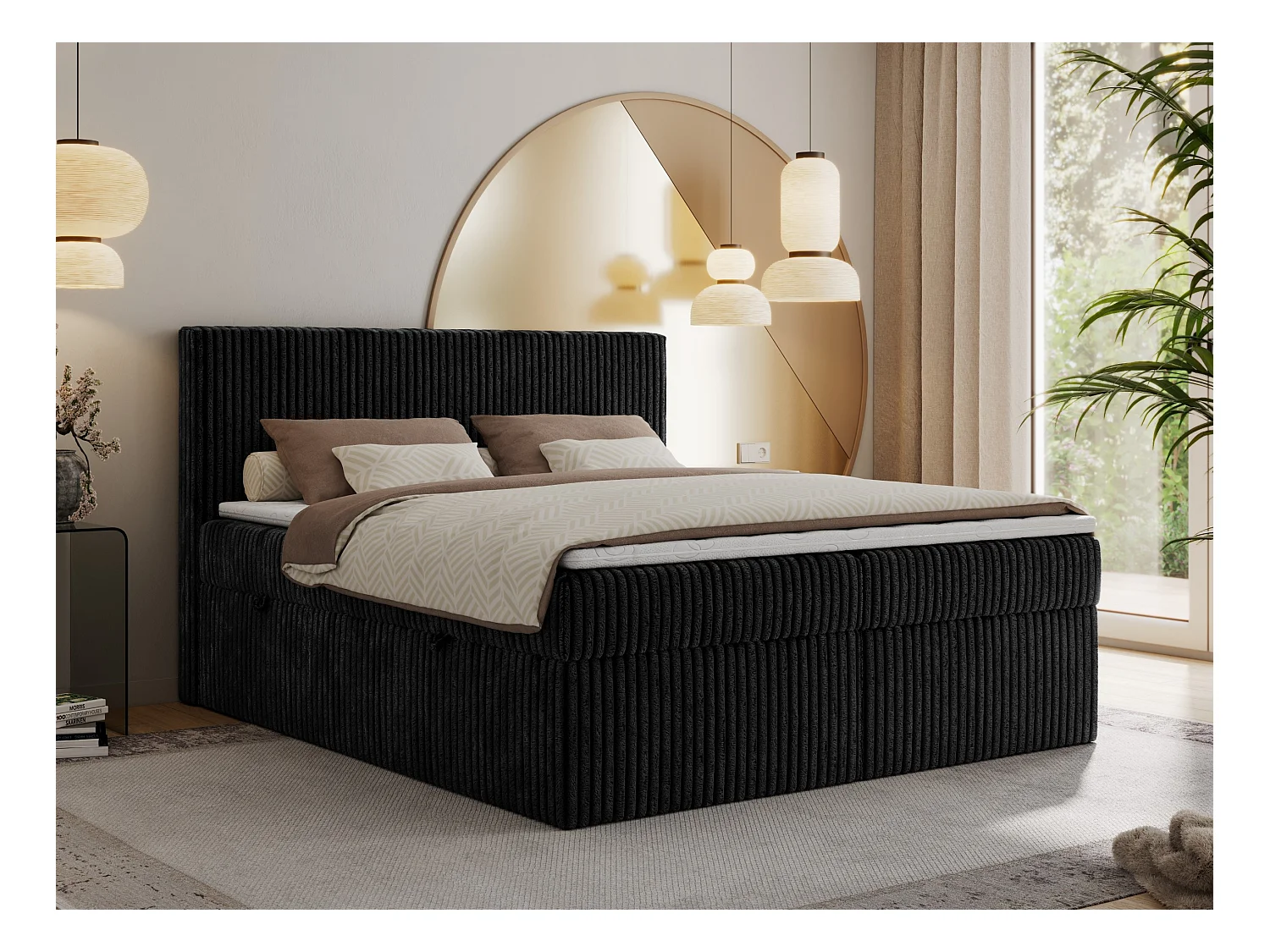 Boxspringbett TILIANO mit Kopfteil und zwei Bettkästen, Cord Bett - 140x200 cm - H3 - Schwarz Cord