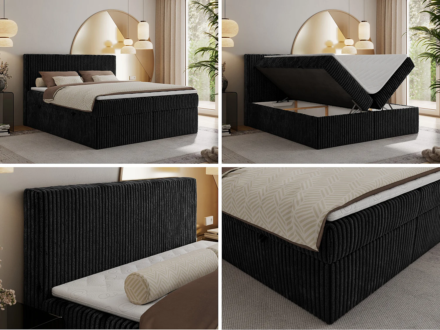 Boxspringbett TILIANO mit Kopfteil und zwei Bettkästen, Cord Bett - 140x200 cm - H3 - Schwarz Cord