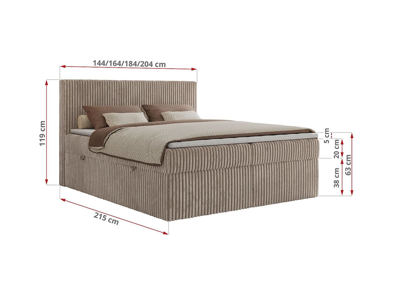 Boxspringbett TILIANO mit Kopfteil und zwei Bettkästen, Cord Bett - 180x200 cm - H4 - Hellbraun Cord