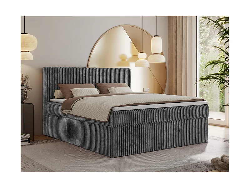 Boxspringbett TILIANO mit Kopfteil und zwei Bettkästen, Cord Bett - 140x200 cm - H3 - Grau Cord