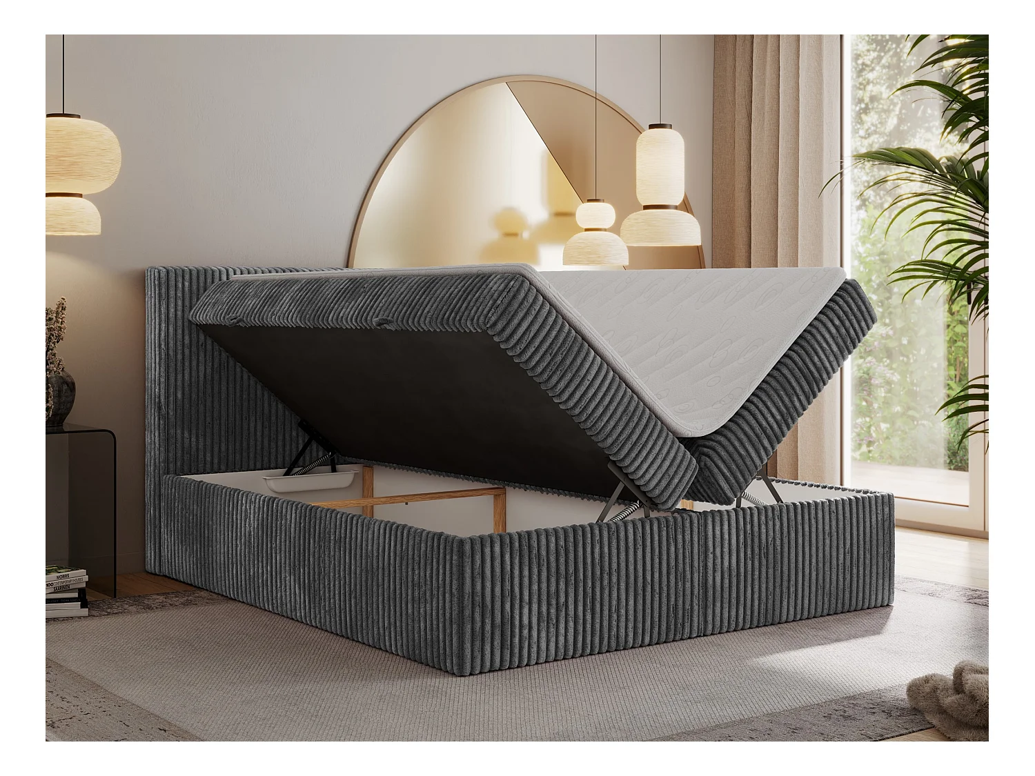 Boxspringbett TILIANO mit Kopfteil und zwei Bettkästen, Cord Bett - 140x200 cm - H3 - Grau Cord