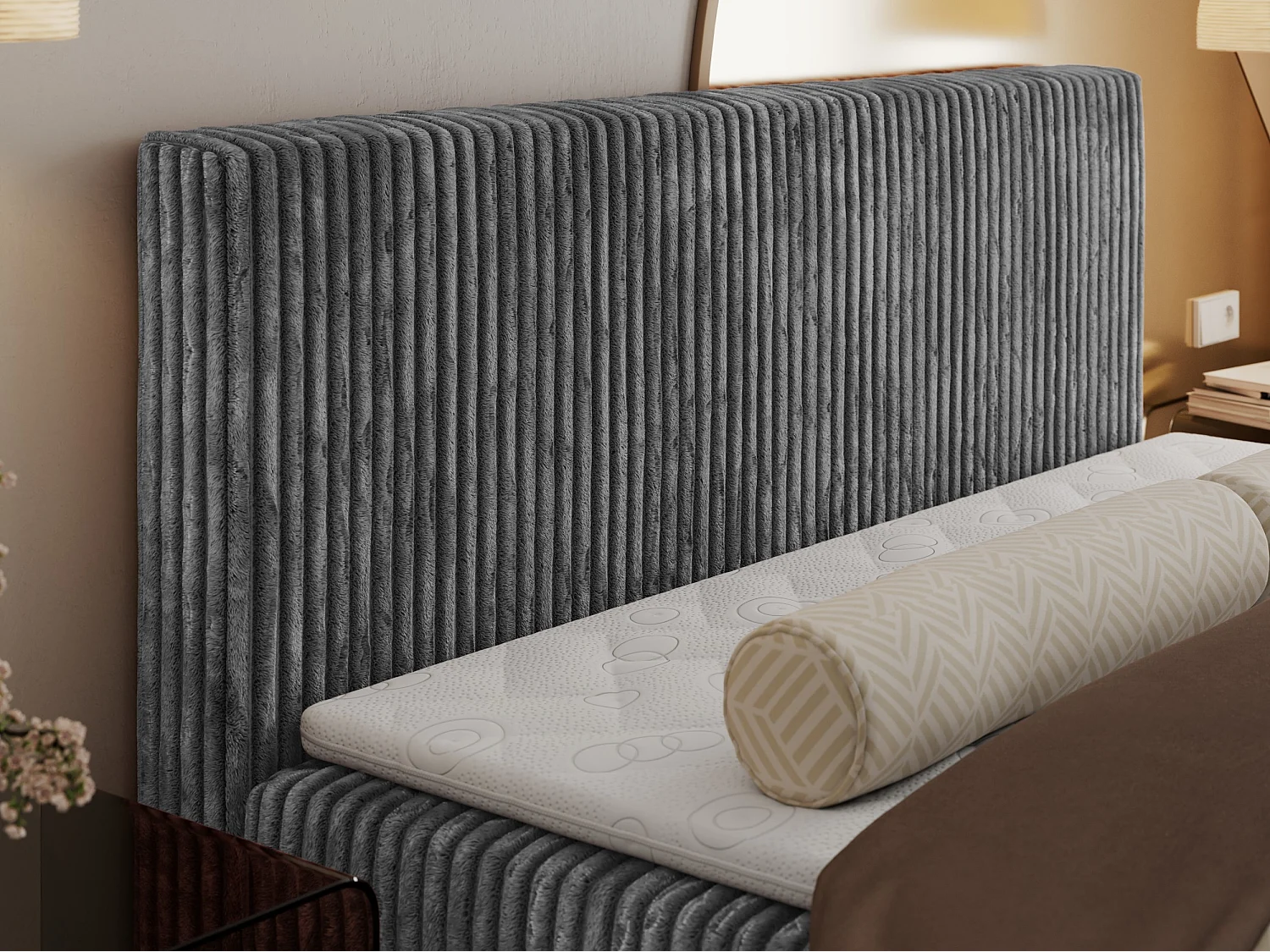 Boxspringbett TILIANO mit Kopfteil und zwei Bettkästen, Cord Bett - 140x200 cm - H3 - Grau Cord