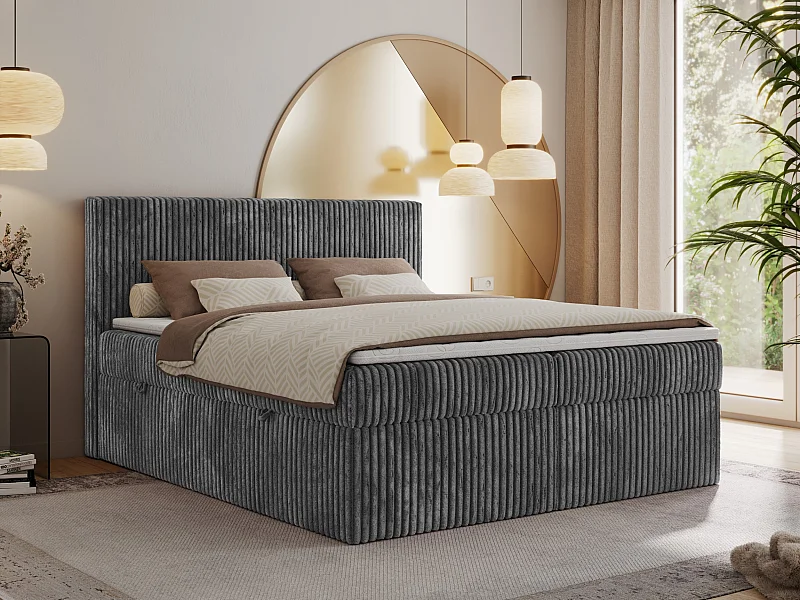 Boxspringbett TILIANO mit Kopfteil und zwei Bettkästen, Cord Bett - 140x200 cm - H3 - Grau Cord
