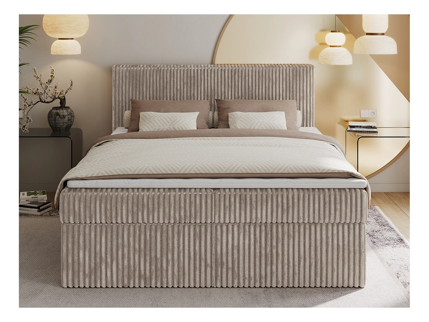 Boxspringbett TILIANO mit Kopfteil und zwei Bettkästen, Cord Bett - 160x200 cm - H4 - Hellbraun Cord