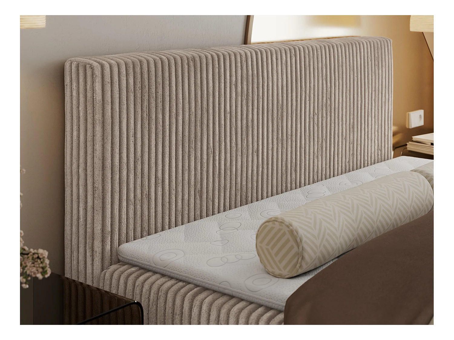 Boxspringbett TILIANO mit Kopfteil und zwei Bettkästen, Cord Bett - 160x200 cm - H4 - Hellbraun Cord