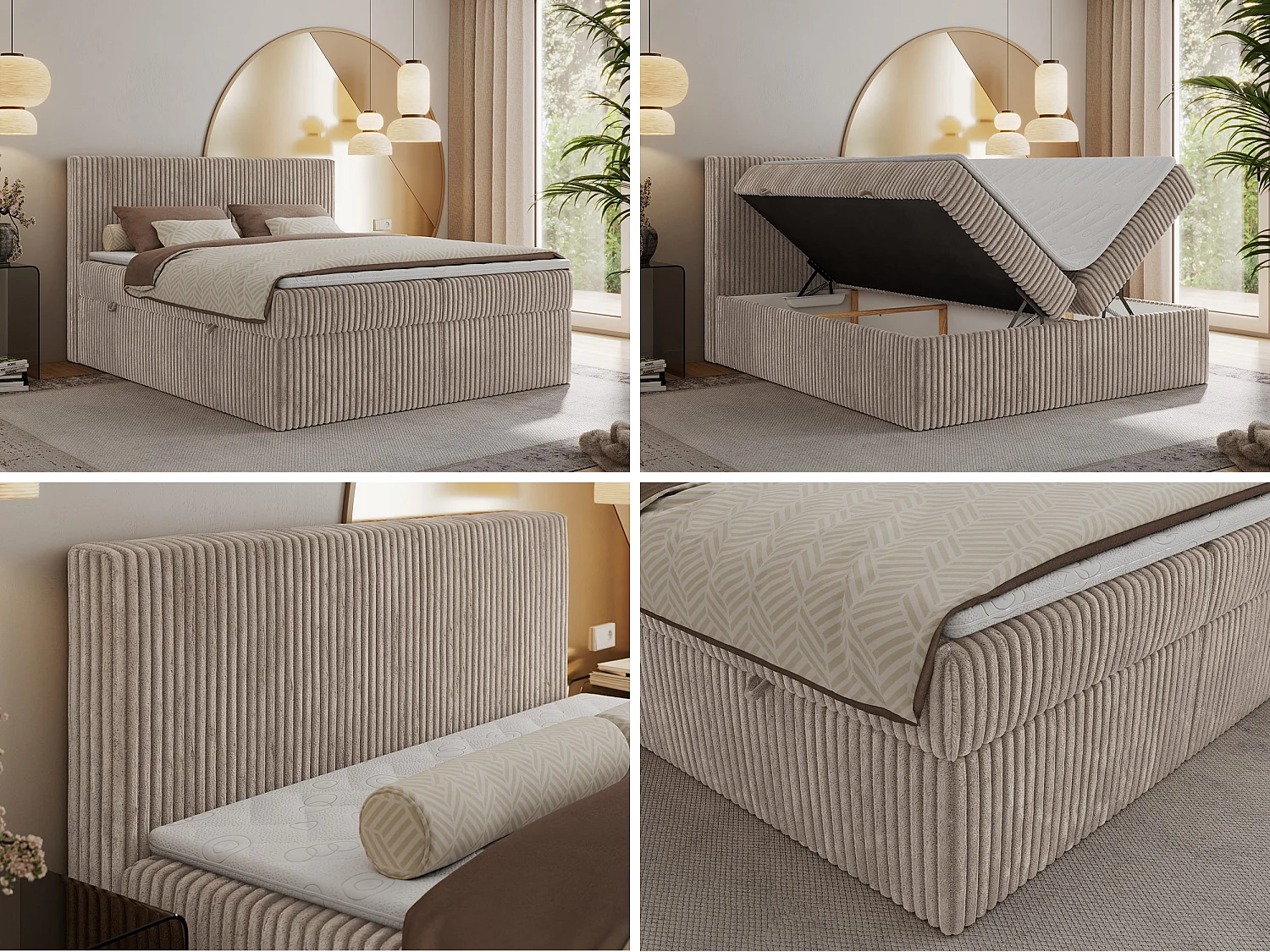Boxspringbett TILIANO mit Kopfteil und zwei Bettkästen, Cord Bett - 160x200 cm - H4 - Hellbraun Cord