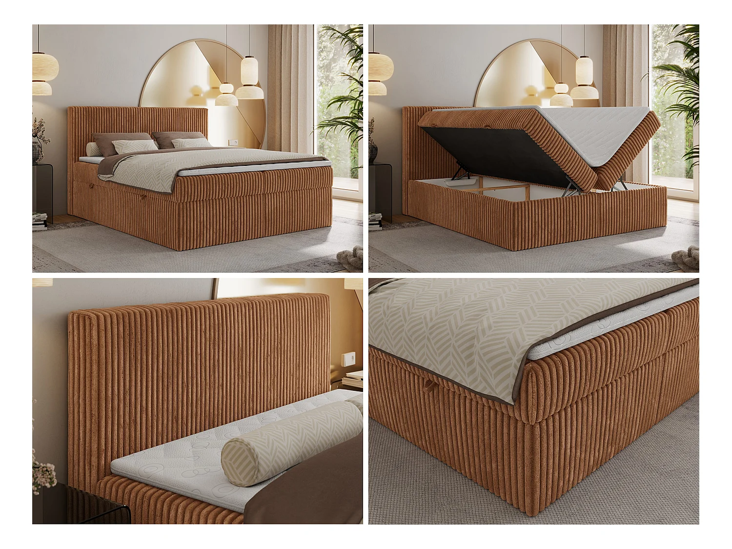 Boxspringbett TILIANO mit Kopfteil und zwei Bettkästen, Cord Bett - 180x200 cm - H4 - Orange Cord