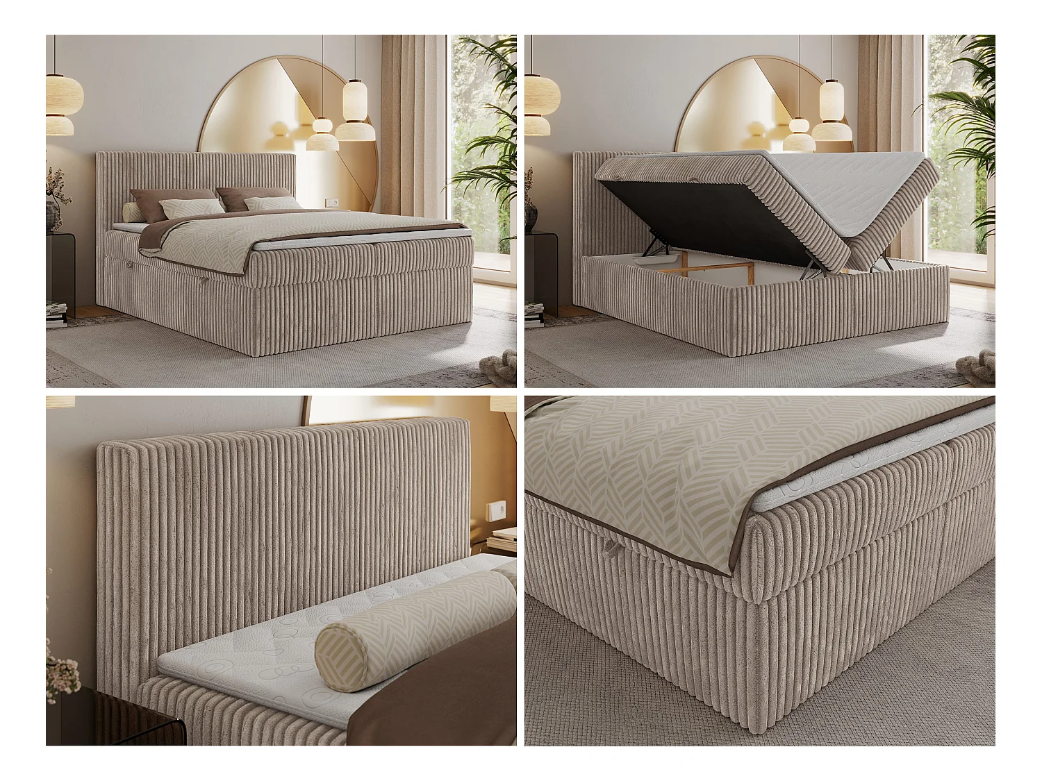 Boxspringbett TILIANO mit Kopfteil und zwei Bettkästen, Cord Bett - 160x200 cm - H3 - Hellbraun Cord