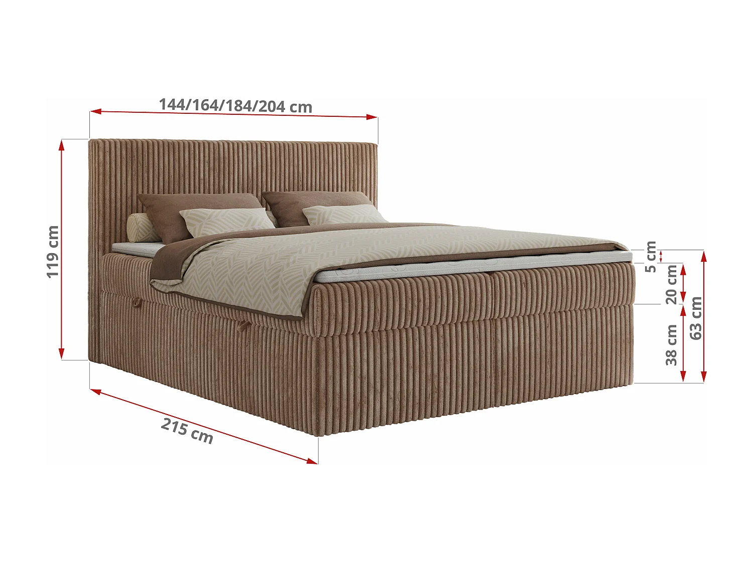 Boxspringbett TILIANO mit Kopfteil und zwei Bettkästen, Cord Bett - 180x200 cm - H3 - Braun Cord