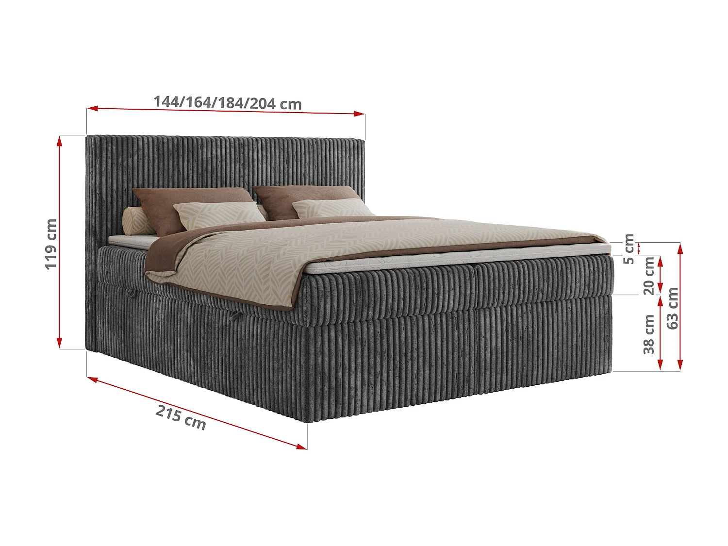 Boxspringbett TILIANO mit Kopfteil und zwei Bettkästen, Cord Bett - 140x200 cm - H4 - Grau Cord
