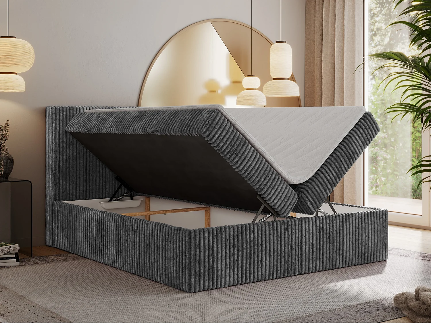 Boxspringbett TILIANO mit Kopfteil und zwei Bettkästen, Cord Bett - 140x200 cm - H4 - Grau Cord