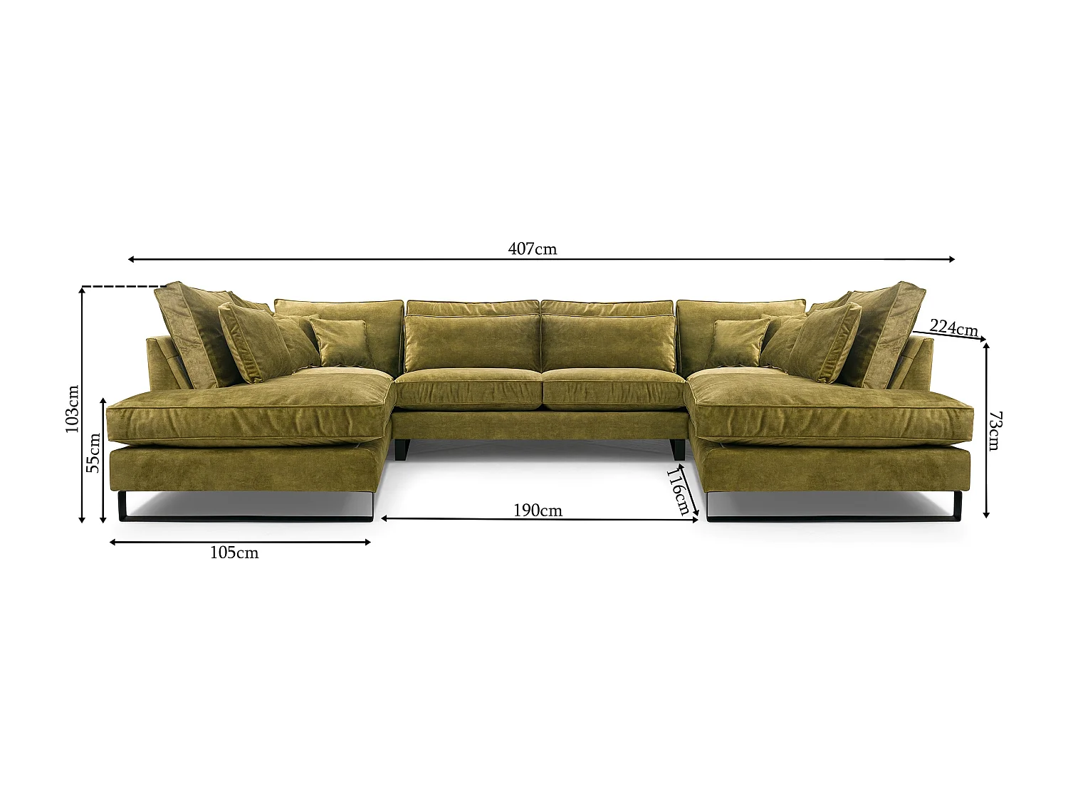 Moderne Eckcouch CORBLACK, freistehend, mit Wellenfedern & Rückenkissen, Metallbeine, Wohnlandschaft, 103x407x224 cm, Graphit