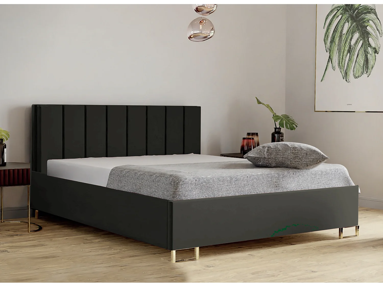 Polsterbed MALIBU, gestoffeerde rugleuning, MONOLITH-stof, opbergbox met gasdrukveer, comfortabele bedhoogte 39 cm, 160x200 cm, Donkergroen