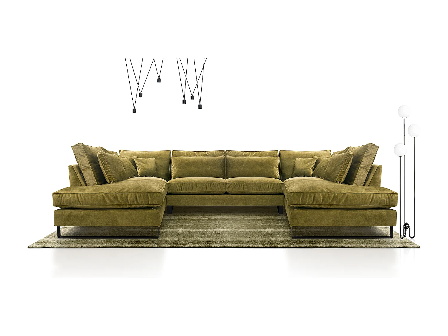 Nowoczesna narożna sofa CORBLACK, wolnostojąca, sprężyny faliste, poduszki oparcia, metalowe nogi, 103x373x224 cm, zielona