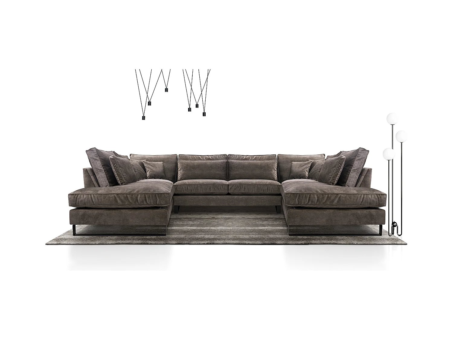 Moderne Eckcouch CORBLACK, freistehend, mit Wellenfedern & Rückenkissen, Metallbeine, Wohnlandschaft, 103x373x224 cm, Graphit