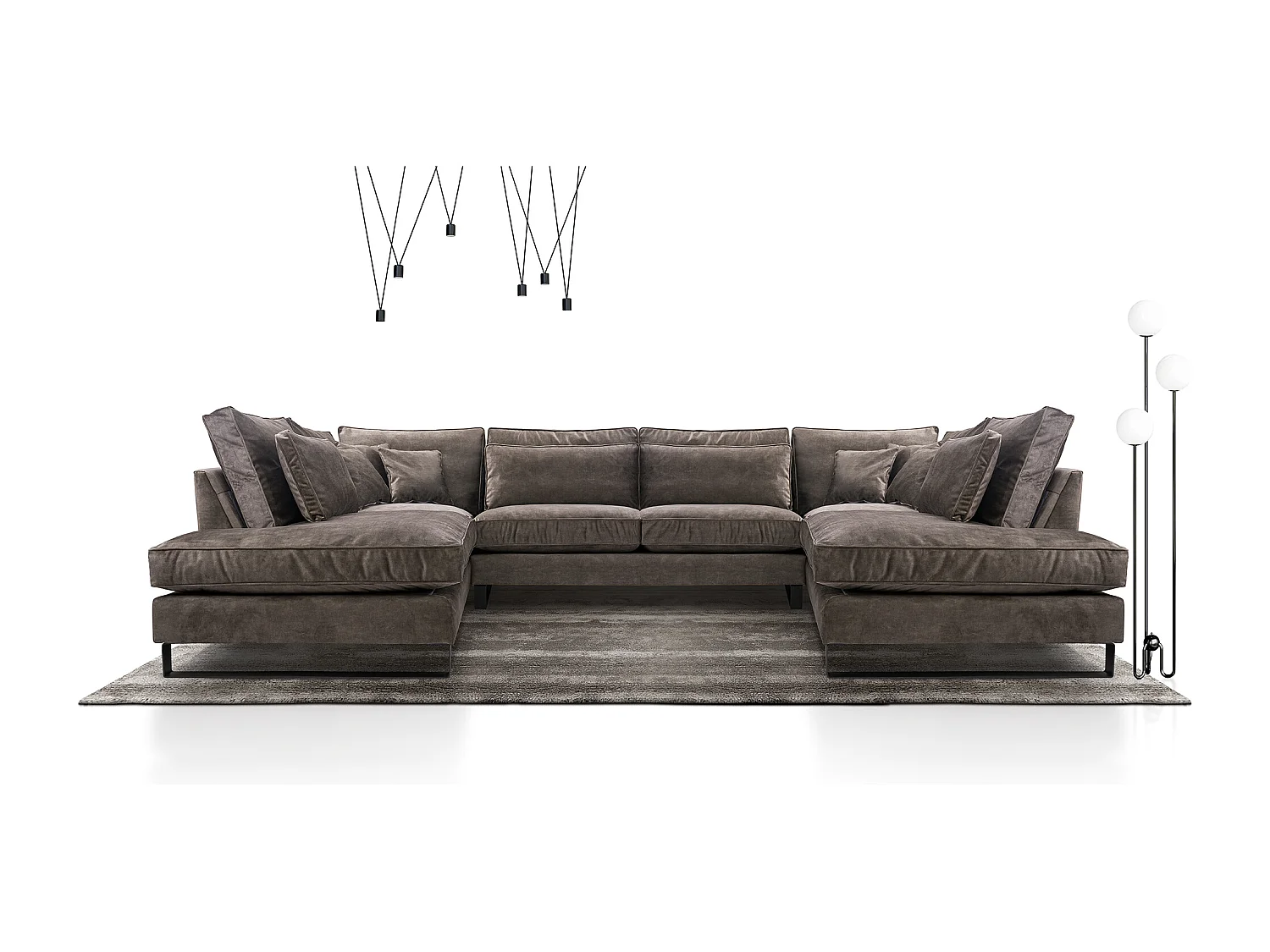 Moderne Eckcouch CORBLACK, freistehend, mit Wellenfedern & Rückenkissen, Metallbeine, Wohnlandschaft, 103x373x224 cm, Graphit