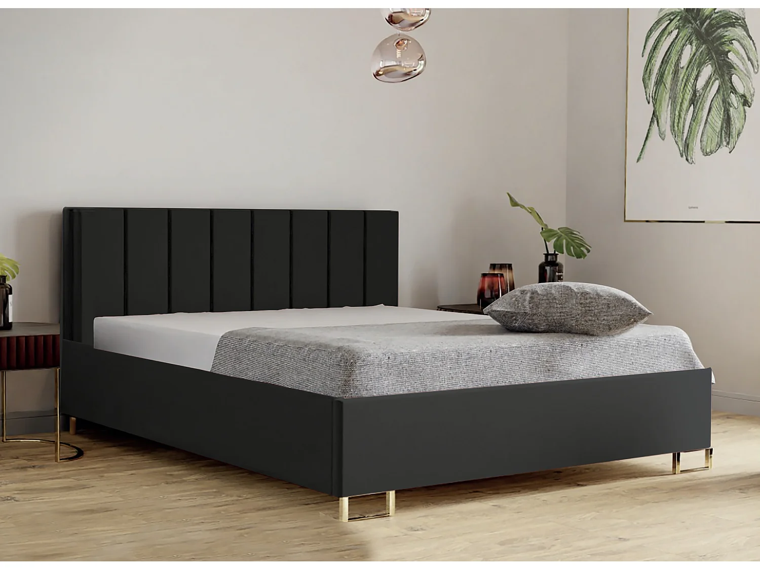 Cama estofada MALIBU, cabeceira acolchoada, tecido MONOLITH premium, baú com pistão a gás, altura confortável 39 cm, 160x200 cm, Grafite