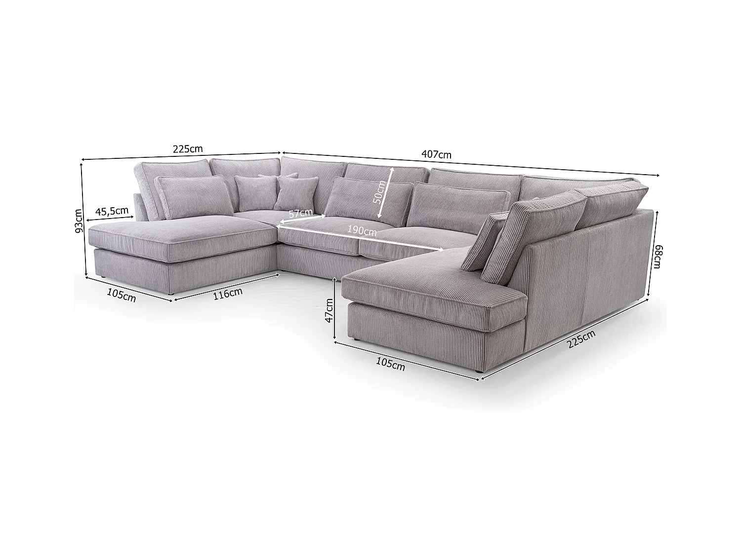 Polsterecke U, Hochwertiges Und Großes Ecksofa Für Das Wohnzimmer, Robuster Holzrahmen, Inklusive Rückenkissen, Freistehend, 407x228x93cm Cappucino