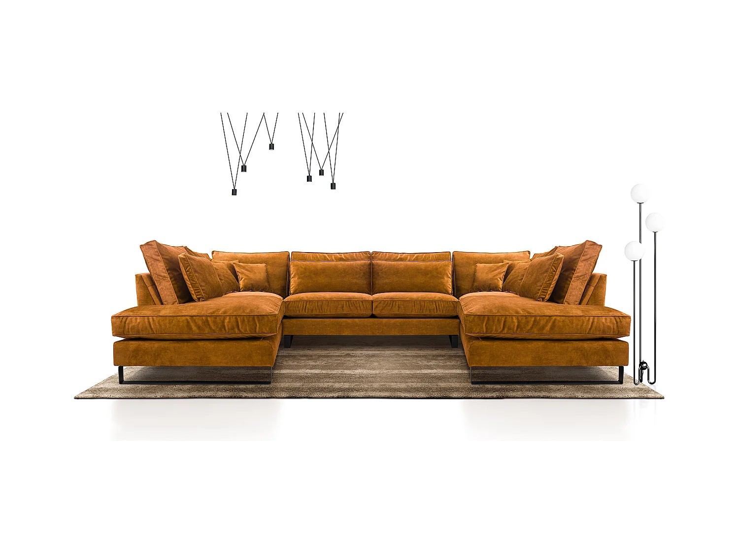 Moderne Eckcouch CORBLACK, freistehend, mit Wellenfedern & Rückenkissen, Metallbeine, Wohnlandschaft, 103x373x224 cm, Gold