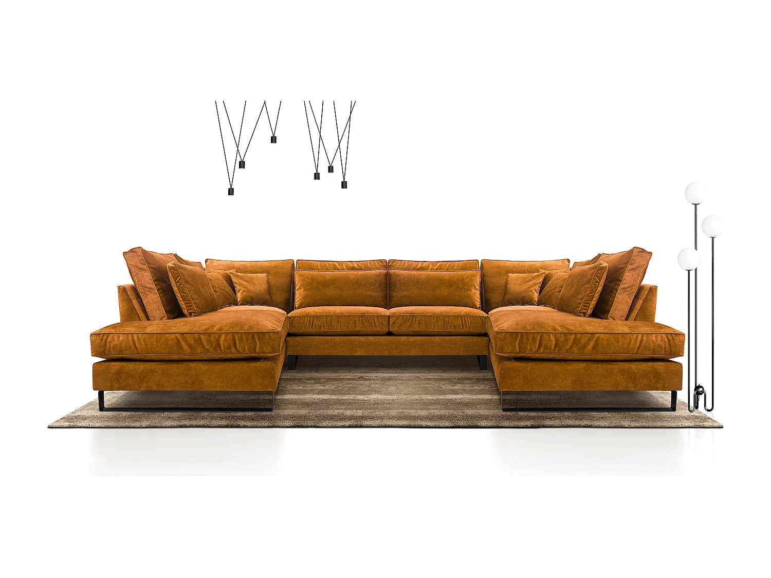 Moderne Eckcouch CORBLACK, freistehend, mit Wellenfedern & Rückenkissen, Metallbeine, Wohnlandschaft, 103x373x224 cm, Gold