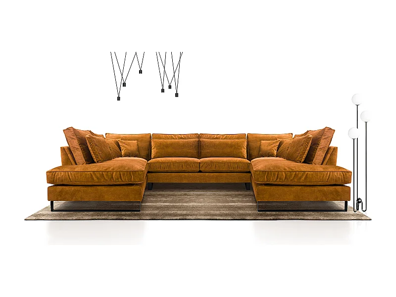 Moderne Eckcouch CORBLACK, freistehend, mit Wellenfedern & Rückenkissen, Metallbeine, Wohnlandschaft, 103x373x224 cm, Gold