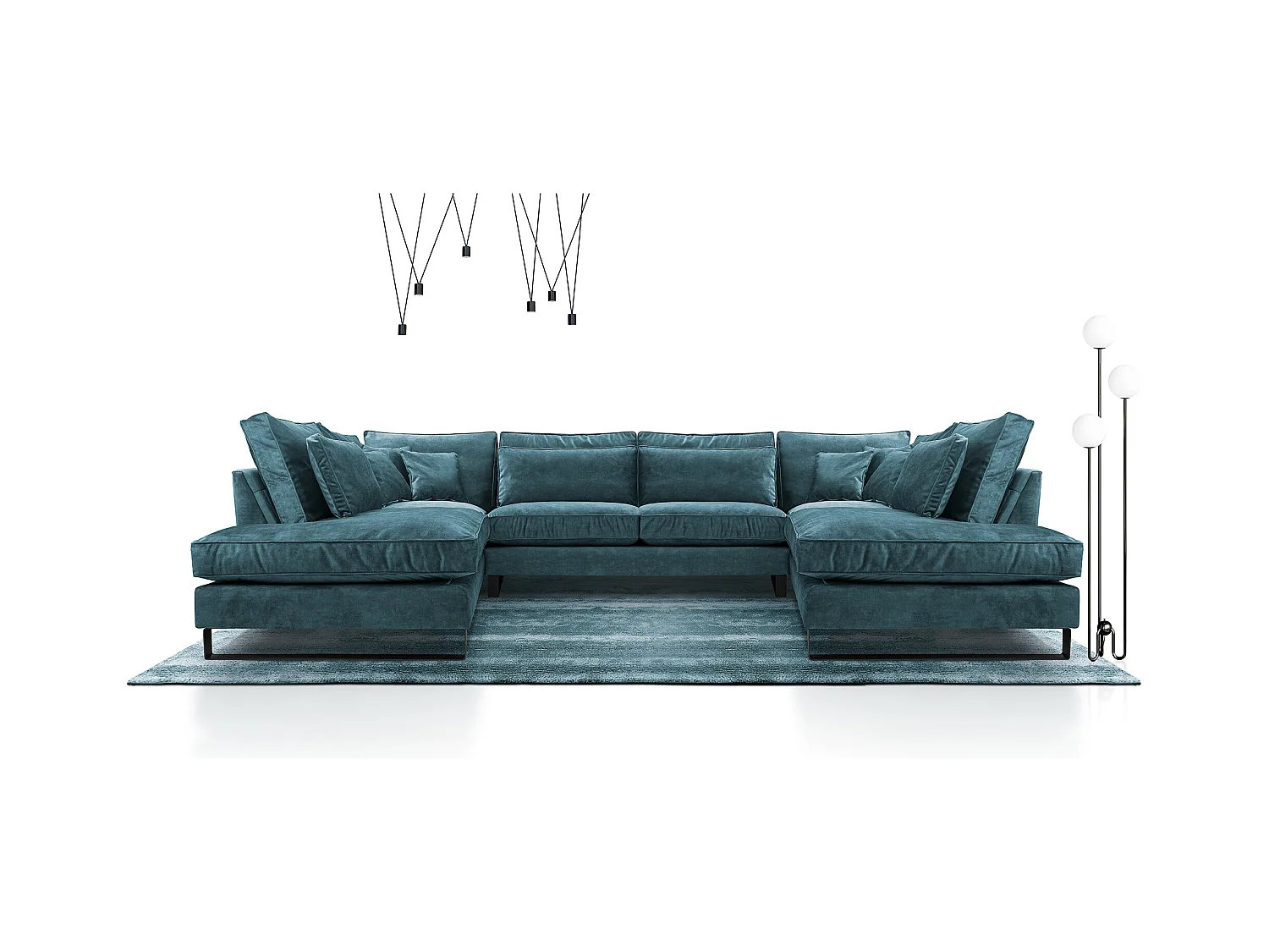 Moderne Eckcouch CORBLACK, freistehend, mit Wellenfedern & Rückenkissen, Metallbeine, Wohnlandschaft, 103x407x224 cm, Türkis